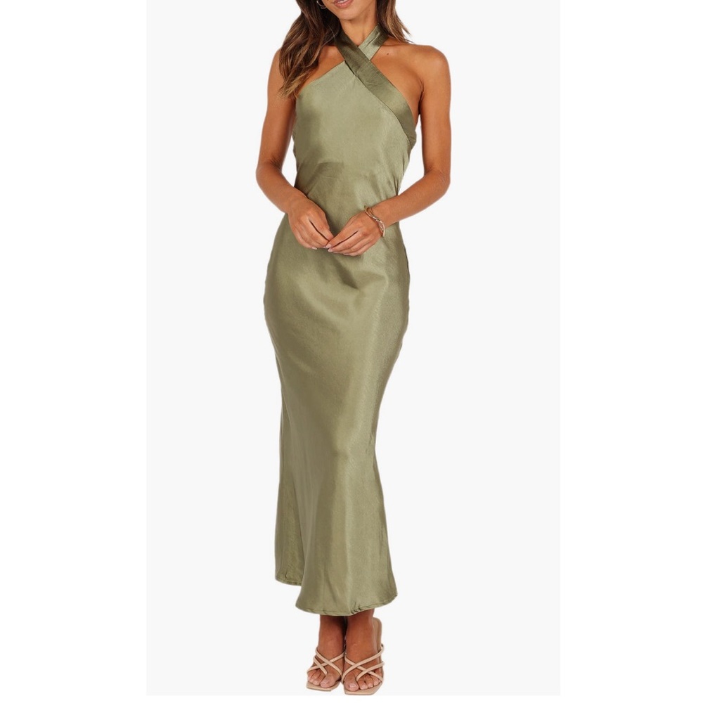 PETAL & PUP GRASIE STRETCH SATIN HALTER DRESS OLIVE SIZE 6 NEVER WORN WITH TAGS